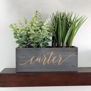 Pode incluir: Uma caixa de madeira cinzenta para plantar com o nome "carter" gravado na frente. A caixa está cheia de plantas verdes.