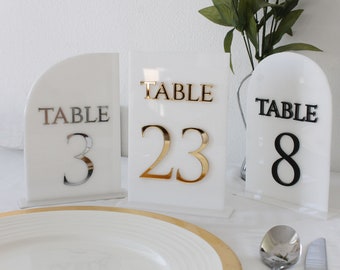 White Gold Table Number, Luxury Wedding, Acrylic Wedding Decor, Laser cut, 3D lettering, Gold Wedding Table Numbers with Stand --TN3D-WB-100