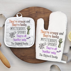Halloween Oven Mitt and Pot Holder Set | Halloween Personalized Oven mitt | Pot Holder Personalized Halloween Decor  --OVM-W-CLIFFORD