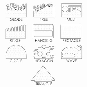 May include: A set of 10 different geometric shapes, each with a unique design and a dotted pattern. The shapes include a geode, tree, multi, rings, hanging, rectangle, circle, hexagon, wave, and triangle.