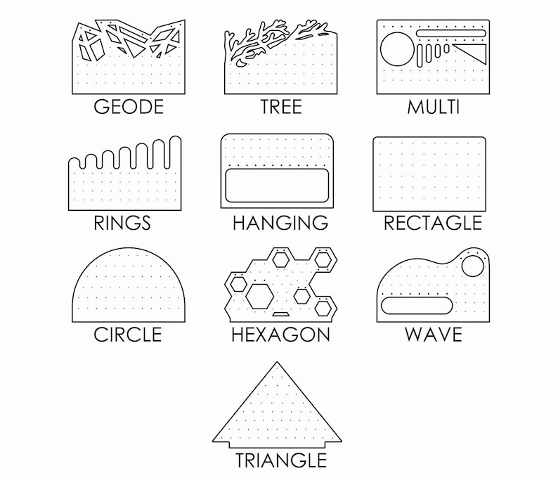 May include: A set of 10 different geometric shapes, each with a unique design and a dotted pattern. The shapes include a geode, tree, multi, rings, hanging, rectangle, circle, hexagon, wave, and triangle.