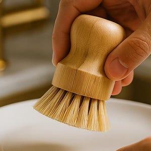 Puede incluir: Un cepillo de platos de madera con cerdas naturales se sostiene sobre un plato blanco. El cepillo tiene un mango redondeado y se utiliza cerca de un grifo y un fregadero dorados. La escena est&aacute; ambientada en una cocina con encimera de m&aacute;rmol.
