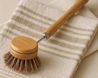 Cepillo de bambú para platos con mango largo, estropajo ecológico para cocina, herramienta de limpieza sin plástico, cepillo natural para platos, cocina cero residuos, cepillo para fregadero