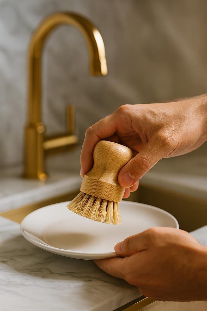 Puede incluir: Un cepillo de platos de madera con cerdas naturales se sostiene sobre un plato blanco. El cepillo tiene un mango redondeado y se utiliza cerca de un grifo y un fregadero dorados. La escena est&aacute; ambientada en una cocina con encimera de m&aacute;rmol.