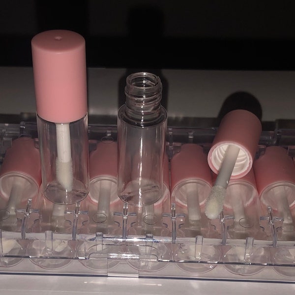 10 Pcs Sample Empty Tubes with Case, Empty Lip Gloss Tubes with Applicator Wand, Mini Matte Pink Lip Gloss Tubes Empty