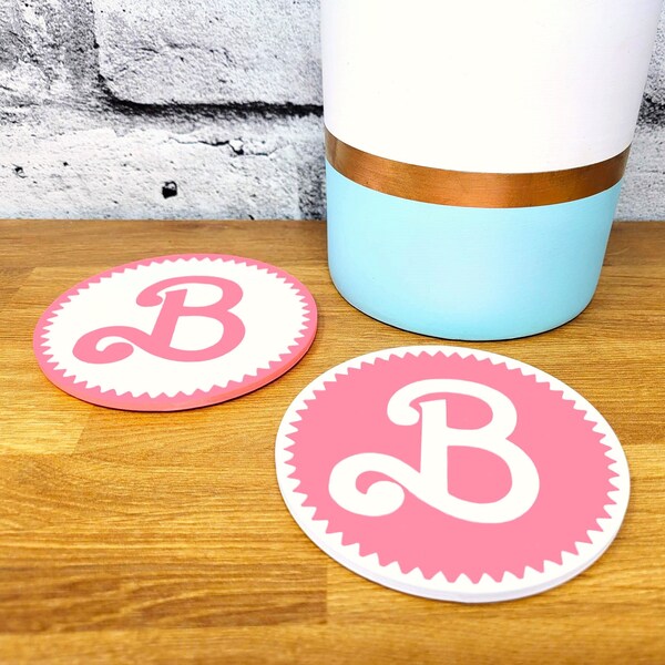 Barbie "B" Coasters, Pink Party Prop, Home Decor, Ken Girl Doll House, Photo Booth Display, Barbie Movie, Gift for Her, Cork Wine Drink Set