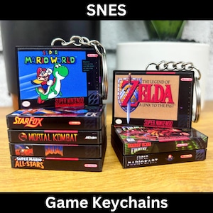 Miniature SNES Game Case Keychains, Super Nintendo Mini Case Cover Art, Retro Gaming Knapsack Keyring, Birthday Party Mario Zelda Gamer Gift