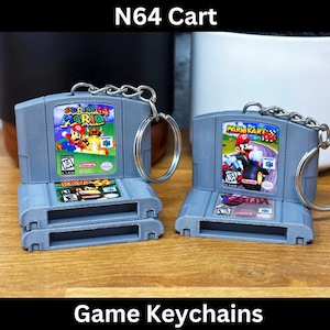 Mini N64 Game Cart Keychain, Nintendo Game Pak Cover Art, Miniature Cartridge Gaming, Birthday Party, Knapsack Key Ring, 3D Mario Gamer Gift