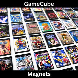 May include: A collection of GameCube game case magnets. The magnets feature various game titles with colorful artwork. The image includes the text "GameCube" at the top and "Magnets" at the bottom.