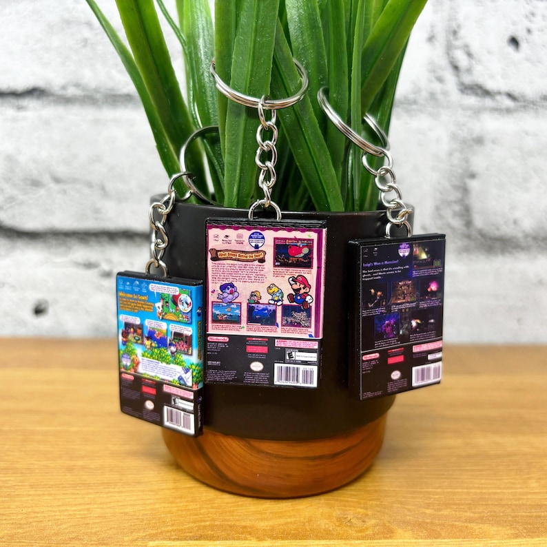 May include: Three miniature video game cases on keychains. The cases are for the games 'Super Mario Sunshine', 'Luigi's Mansion', and 'WarioWare: Touched!', all for the Nintendo DS.