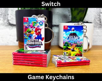 Mini Switch Game Case Keychain, Nintendo Case Cover Art, Miniature Handheld Gaming, Birthday Party, Loot Bag Key Ring, 3D Mario Gamer Gift