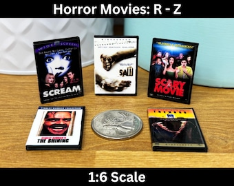 Dollhouse (1:6) Mini DVD Cases - Horror Movies (R-Z), Miniature Film Diorama, Scary Cover Art, Halloween Monsters Gore Slasher, 3D Thriller