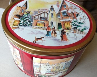 Giant Vintage Winter Art Tin GUC cookies holiday treats extra large cylinder 10.25" x 6.25"  red gold old town snow scenery buildings trees