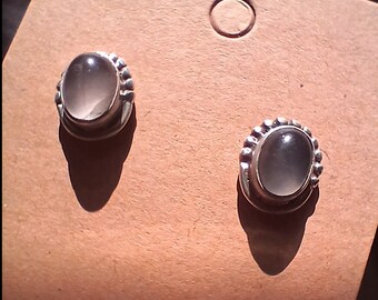 Vintage Oval Stud Earrings semi opaque natural stone cabochon 925 silver backs