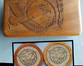 Wilderness Woods Eagle Box & Set of 8 Cork Coasters laser etched wood vintage y2k hand crafted nature tribal