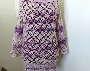 Icy Grape Crochet Dress Swim Cover boho lace purple wool washable plus sized OSFM cold shoulder geometric diamond pattern long flared sleeve