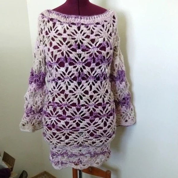 Icy Grape Crochet Dress Swim Cover boho lace purple wool washable plus sized OSFM cold shoulder geometric diamond pattern long flared sleeve