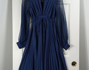 Vintage 80s Navy Blue Dress 7/8 pleated maxi skirt sheer long sleeve deep V-neck snap cuffs waist tie Marilyn Monroe ILGWU repaired