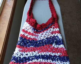 Americana Beach Bag reusable tote Large handmade crossbody shoulder grocery sack red white blue solomon love knot fishnet single strap