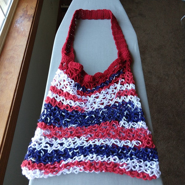 Americana Beach Bag reusable tote Large handmade crossbody shoulder grocery sack red white blue solomon love knot fishnet single strap