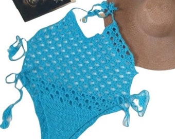 Boho Crochet Swimsuit Bodysuit Turquoise One Piece Plus Sized OSFM loungewear unlined lace acrylic washable yarn tassels 2X V-neck sexy blue