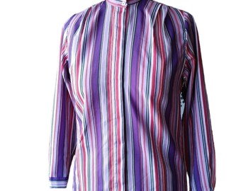 Purple Mary Poppins Blouse vintage handmade bold vertical stripes long sleeve mandarin collar y2k 90s Edwardian size M or L ? hidden buttons