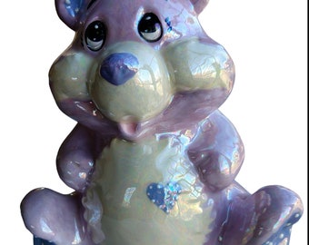 Vintage Purple Ceramic Teddy Bear Bank opalescent lavender 9" tall 8" wide heart patch care polka dots piggybank pre-80s EUC EVC