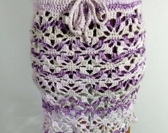 Icy Grape Crochet Skirt OSFM Plus Sized drawstring waist open lacey swim cover unlined purple geometric diamond pattern midi pencil boho