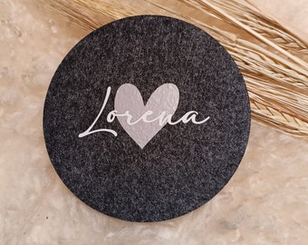 Felt coasters round personalized with text and heart / glass coasters