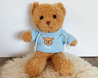 Teddybär personalisiert mit Pullover, Stofftier mit Name, personalisiertes Geschenk zur Geburt, Schmusebär