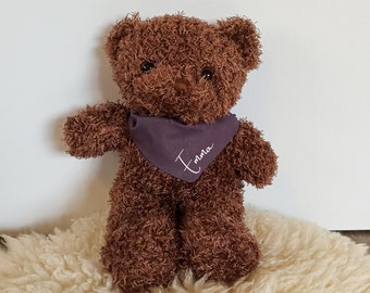 Teddybär personalisiert mit Halstuch, Stofftier mit Name, personalisiertes Geschenk zur Geburt, Schmusebär