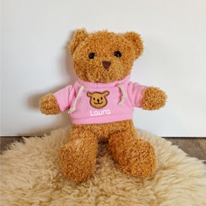 Der braune Kuschelteddy trägt einen rosa Pulli mit einem Bären und Name darauf