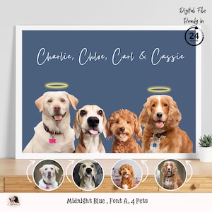 Könnte beinhalten: Gerahmter Digitaldruck mit vier Hunden mit Heiligenschein, benannt Charlie, Chloe, Carl und Cassie, vor einem nachtblauen Hintergrund. Der Text "Digital File Ready in 24 Hours" ist ebenfalls vorhanden.