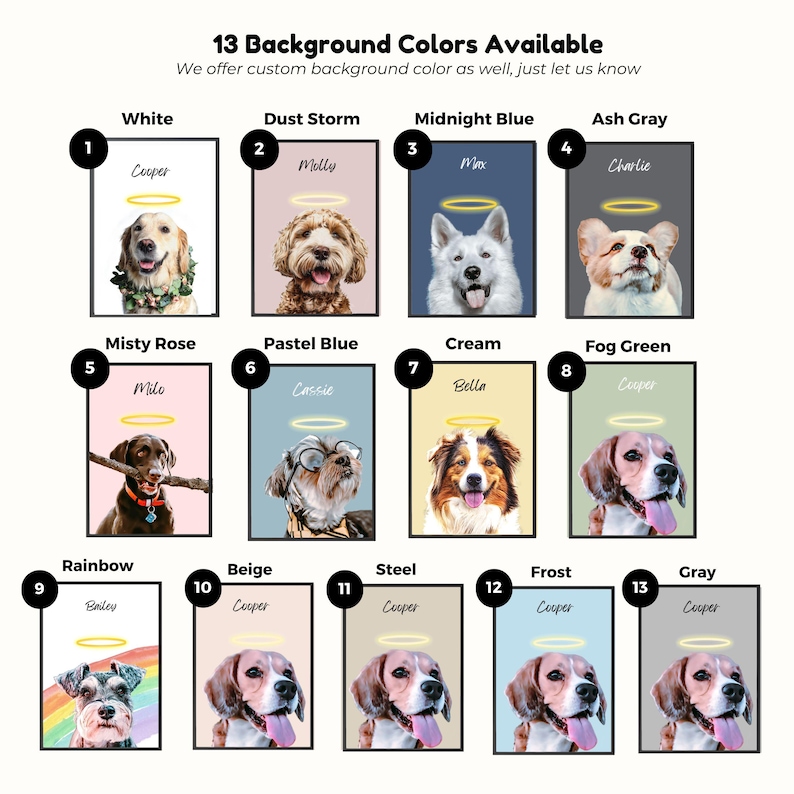 May include: A chart showing 13 different background colors available for pet portraits. Each color is shown with a pet portrait and the name of the pet. The colors include white, dust storm, midnight blue, ash gray, misty rose, pastel blue, cream, fog green, rainbow, beige, steel, frost, and gray.