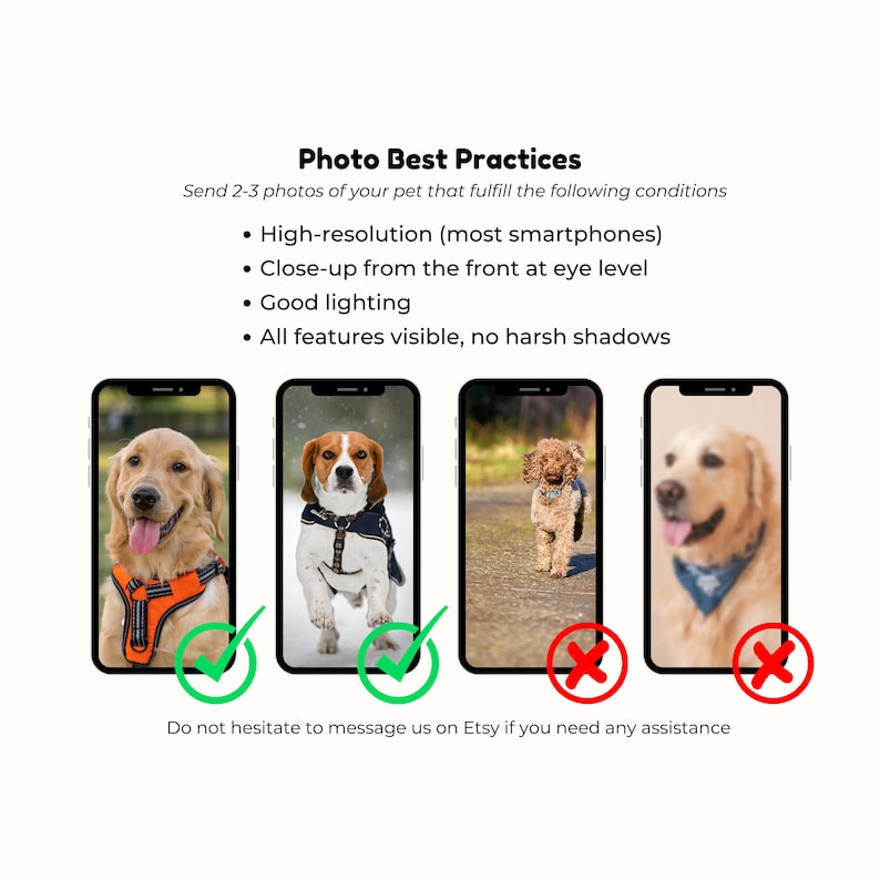 以下が含まれることがあります： スマートフォン上のペット写真の例を示す画像。「Photo Best Practices」というテキストと、高解像度、クローズアップ、良好な照明、すべての機能が表示されるという写真の要件が記載されています。2枚の写真が承認されています。