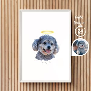 May include: A digital illustration of a gray dog with a halo above its head. The dog is looking at the viewer with its tongue sticking out. The dog's name, "Lucky", is written below the image. The image is framed in a white frame.