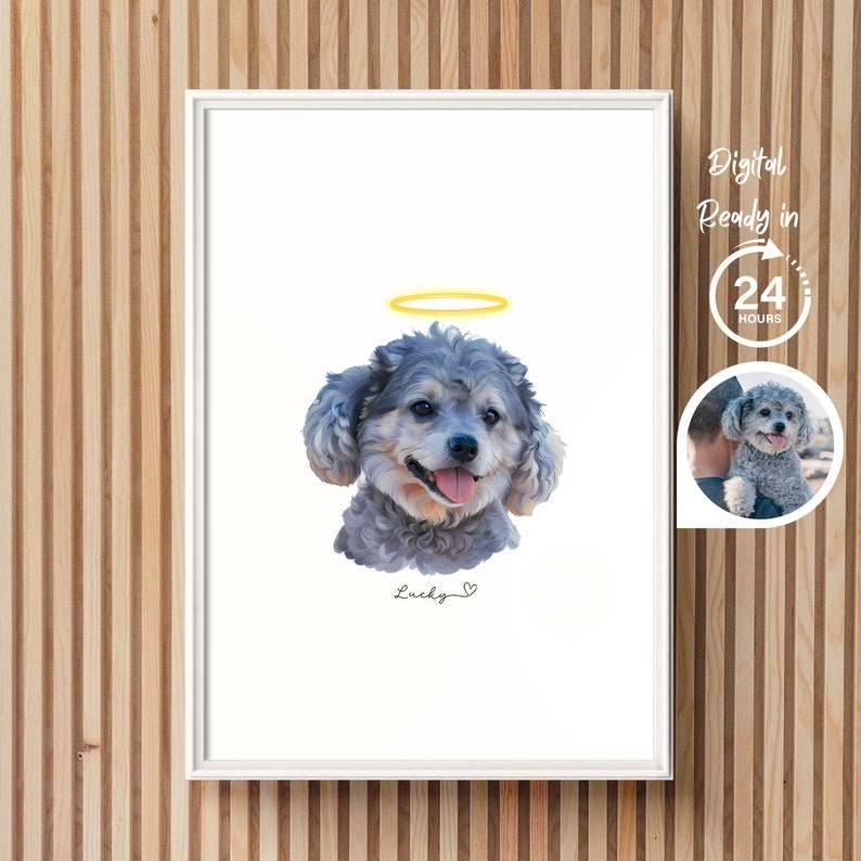 May include: A digital illustration of a gray dog with a halo above its head. The dog is looking at the viewer with its tongue sticking out. The dog's name, "Lucky", is written below the image. The image is framed in a white frame.