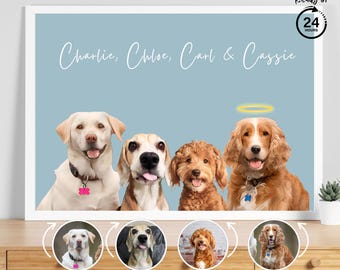 May include: A digital illustration of four dogs, Charlie, Chloe, Carl, and Cassie, in a pastel blue frame. The dogs are all smiling and looking at the camera. The text "Pastel Blue, Font A, 3 Pets" is at the bottom of the image.