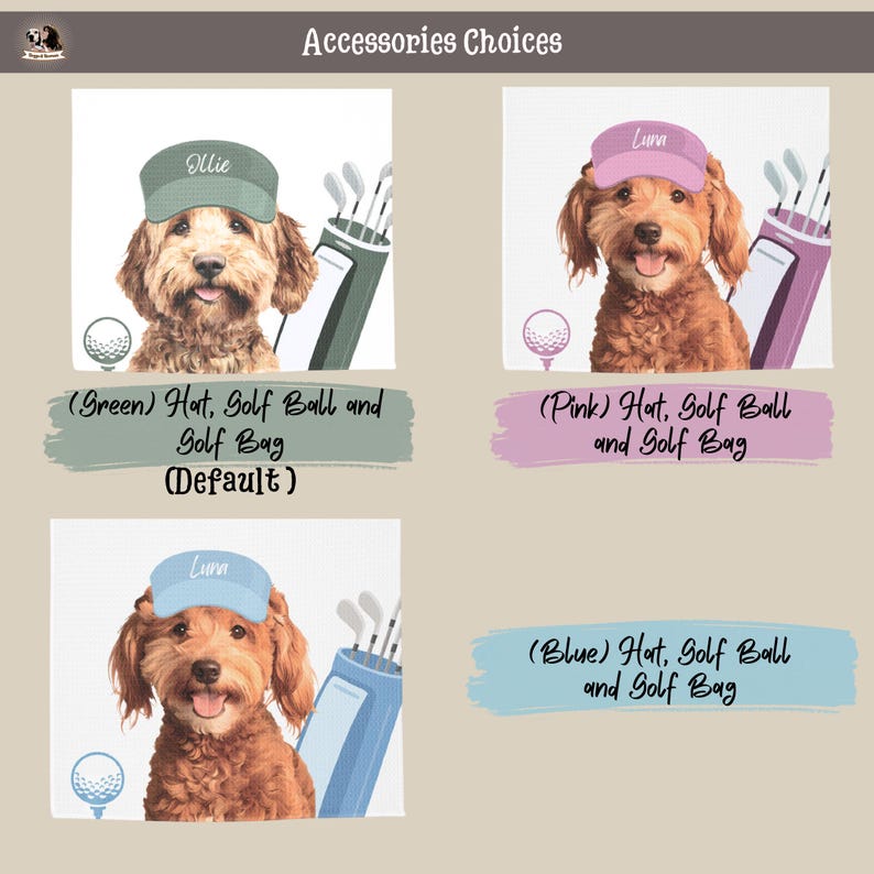 以下が含まれることがあります： 3匹の犬の肖像画が描かれた画像。それぞれ帽子とゴルフ用品を身につけている。帽子は緑、ピンク、青で、「Ollie」と「Lunn」という名前が書かれている。「Accessories Choices」というテキストが上部に表示されている。各画像にはゴルフボールとゴルフバッグが含まれています。