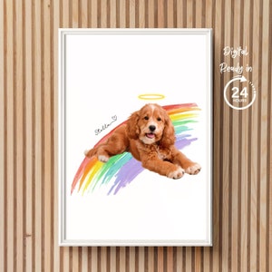 Op de afbeelding: Een ingelijste digitale print met een goudbruine hond die op een aquarel regenboog ligt. De hond heeft een halo en de naam "Stella" is in cursief geschreven. De tekst "Digital Ready in 24 Hours" staat rechtsboven.