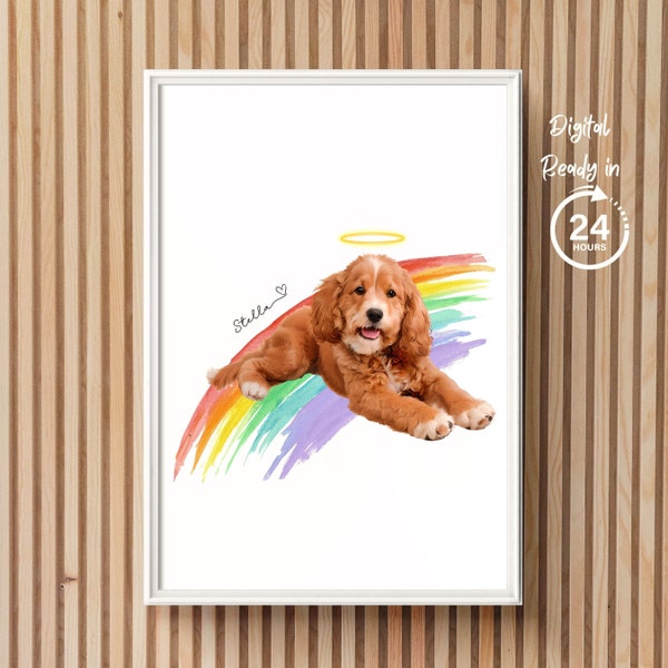 Mini Pet Memorial Portrait with Rainbow Bridge Dog Portrait DIGITAL Halo Ring Gift for Pet Parents Pet Gift for Her Gift for Dog Lovers