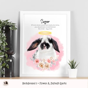 Peut inclure: Une impression commémorative pour un lapin de compagnie nommé Sugar. L'impression représente un lapin noir et blanc avec une auréole au-dessus de sa tête. L'arrière-plan est rose avec un motif floral. Le texte dit "Sugar, Si l'amour seul avait pu te garder ici, tu aurais vécu pour toujours. Fév 2018 - Août 2024".