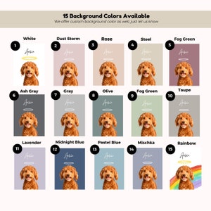 Op de afbeelding: Een grafiek met 15 verschillende achtergrondkleuropties voor een huisdiermonument. Elke kleur wordt weergegeven door een vierkant met een afbeelding van een hond in het midden. De hond is bruin met een halo boven zijn hoofd. De kleuren omvatten wit, stofwolk, roze, staal, mistgroen, asgrijs, grijs, olijf, taupe, lavendel, middernachtblauw, pastelblauw, mischka en regenboog.