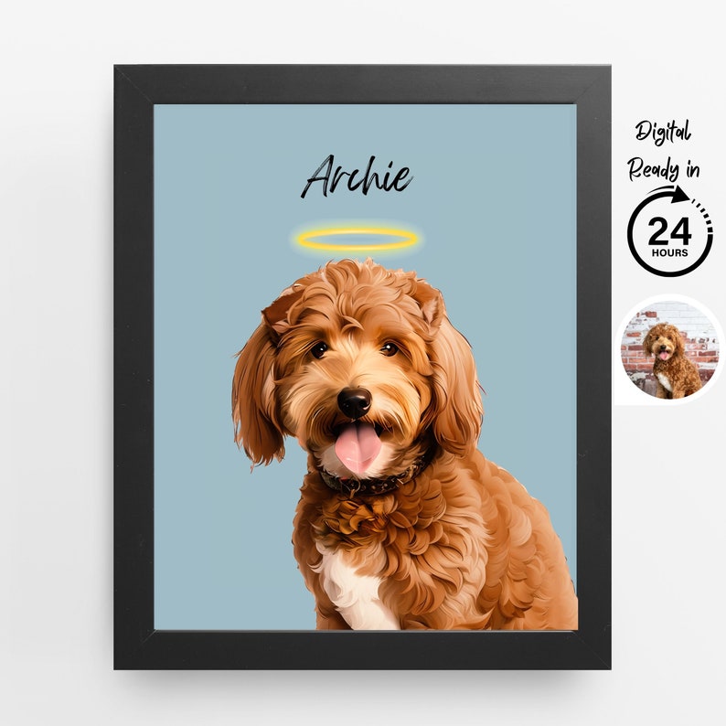 May include: A digital illustration of a brown dog with a halo above its head. The dog is looking at the viewer with its tongue sticking out. The dog's name, "Archie", is written above the halo. The image is framed in a black frame.