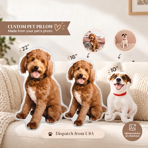 May include: Three custom pet pillows shaped like dogs, featuring printed photos of a brown curly-haired dog and a white and brown dog. The pillows are labeled with sizes of 22 inches, 16 inches, and 10 inches, displaying the pet photos clearly.