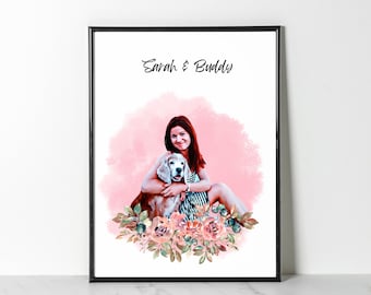 Custom Pet Owner Gift for Pet Mom Portrait with Flowers Mothers Day Gift for Dog Mom Birthday Gift for Friends Anniversary Gift for Wife