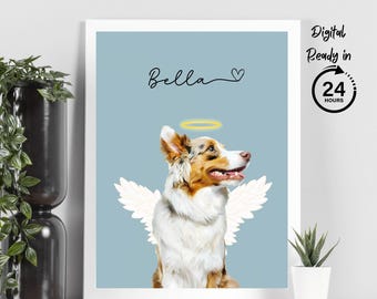 Retrato Memorial de Cachorro com Anel de Halo e Asas de Anjo Retrato Memorial de Cachorro Preto em Memória de Presente de Cachorro Presente Memorial de Cachorro para Pai Cachorro Mãe Cachorro
