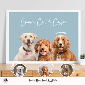 May include: A pastel blue pet memorial print with the names "Charlie, Carl & Cassie" in a white font. The print features three dogs, a golden retriever, a brown and white dog, and a brown poodle. The print is framed and ready to hang.