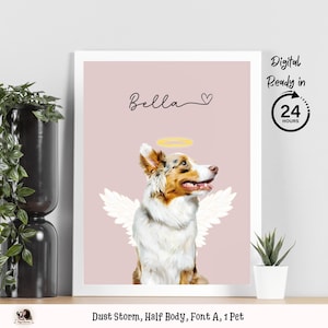 May include: A digital illustration of a dog with angel wings and a halo. The dog is a brown and white Australian Shepherd with a pink background. The text "Bella" is written above the dog.