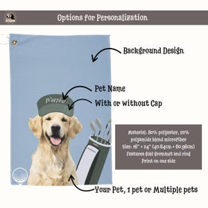 以下が含まれることがあります： 「Murphy」という名前の緑色のバイザーをかぶったゴールデンレトリバーが描かれた、水色のゴルフ用タオル。タオルにはゴルフバッグのグラフィックとゴルフボールのアイコンが付いています。サイズは40.64cm x 60.96cmです。